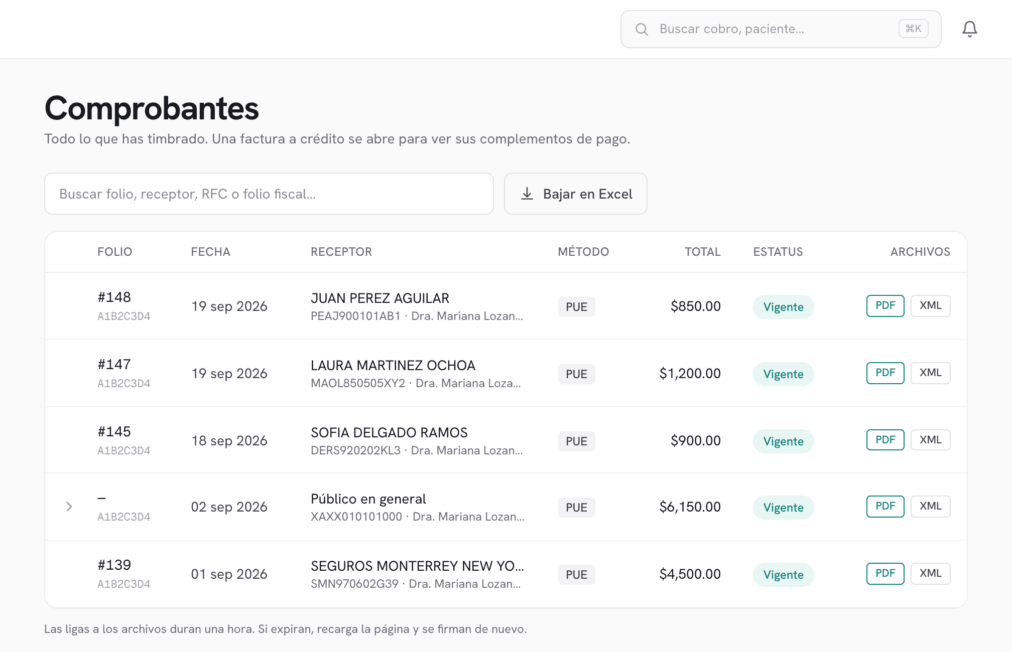 La pantalla Comprobantes de MediFact, con las facturas del mes y la factura global al público en general