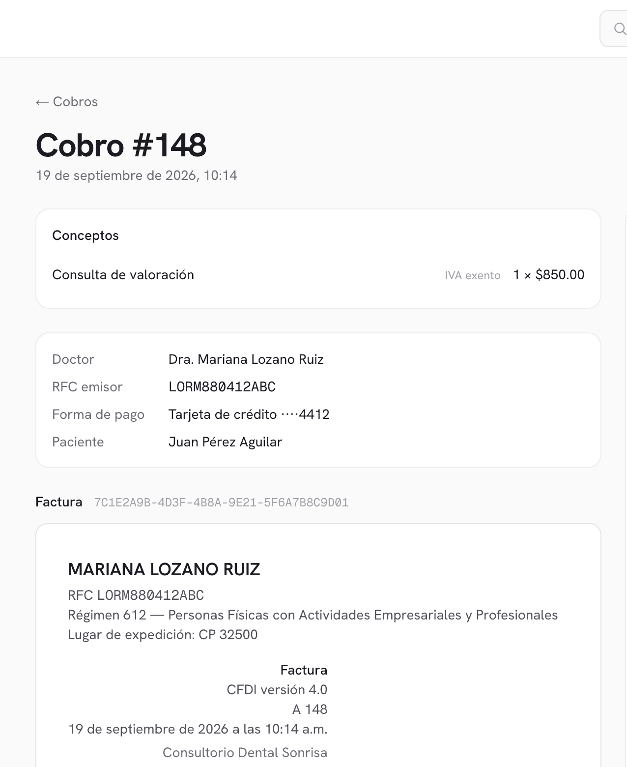 La ficha de un cobro en MediFact con la factura timbrada y el aviso de que el correo fue enviado al paciente